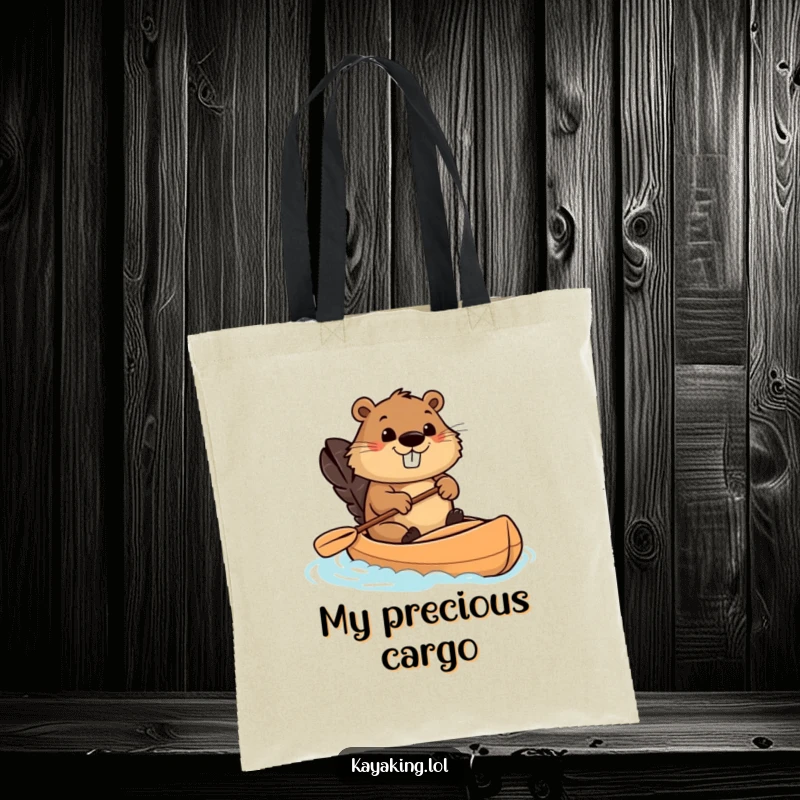 Funny beaver kayak tote bag showing a determined beaver paddling a kayak, showcasing a humorous and practical design for shoppers.