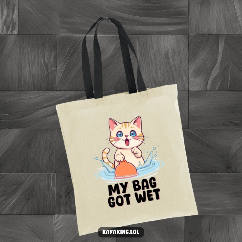 Funny Cat Tote Bag: A surprised cat character making a big splash with its paddle, perfect for carrying essentials.