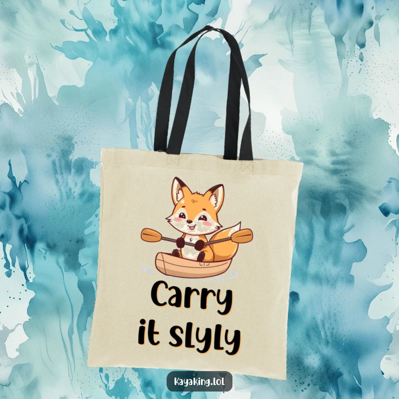 Funny fox with a grin and sparkling eyes kayaking, on a tote bag, perfect for eco-conscious adventurers with a witty side.
