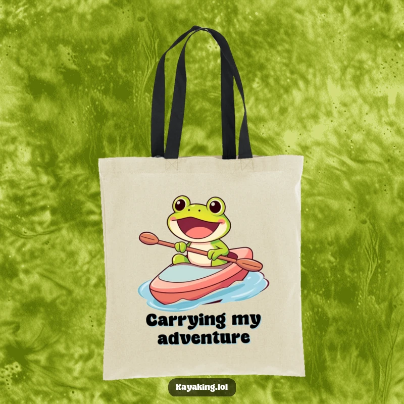 Funny tote bag with a happy frog character paddling a kayak, sporting a wide, excited grin, ready for any journey.