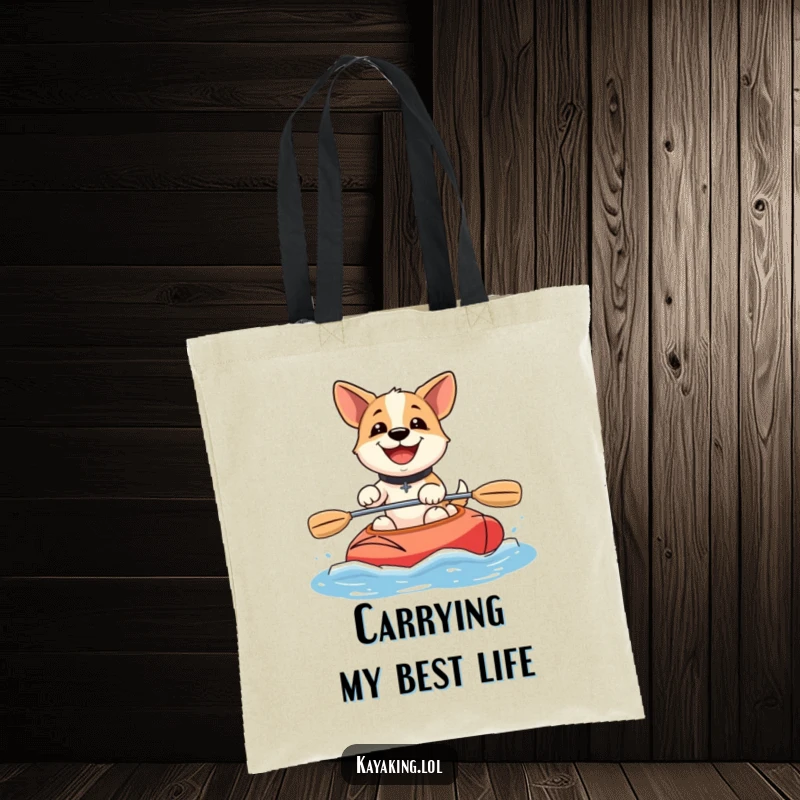 Funny happy dog kayaking tote bag features a beaming dog paddling a kayak, a charming and humorous accessory for everyday use.