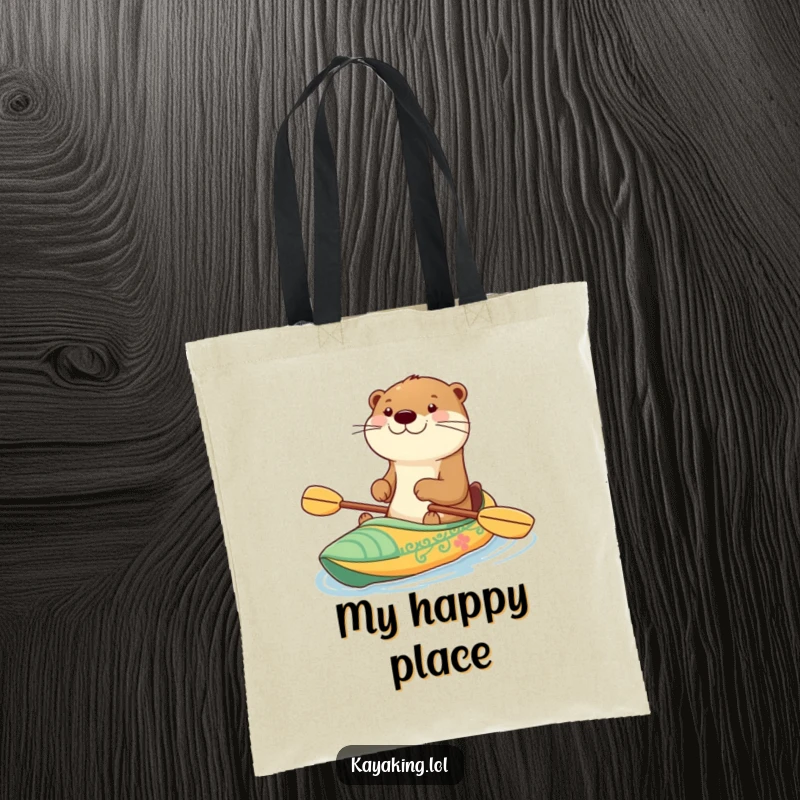 Funny tote bag with a happy otter paddling a decorated kayak with a grin, a cheerful and practical accessory for daily adventures.