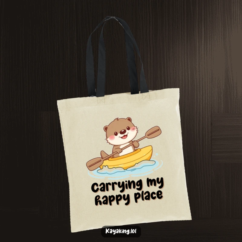 Funny tote bag with an illustration of a happy otter enjoying a kayak ride with a playful splash, great for carrying daily items.