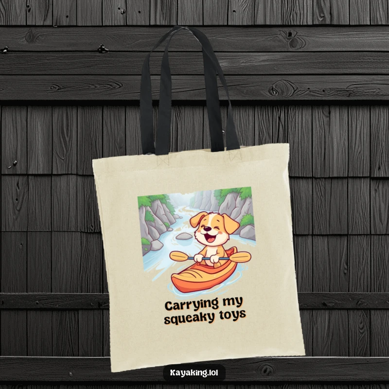 Funny tote bag featuring a surprised puppy giggling excitedly while kayaking down a river, perfect for carrying daily essentials with a smile.