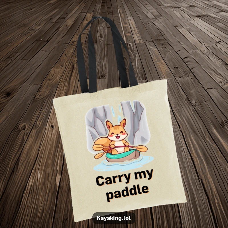 Funny squirrel in a kayak navigating towards a cascading waterfall, featured on a durable tote bag.