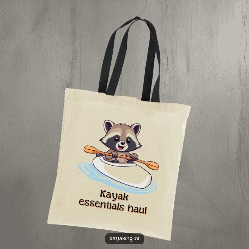 Funny raccoon kayaking with paw on paddle, printed on a tote bag, conveying joy and a love for eco-friendly adventures.