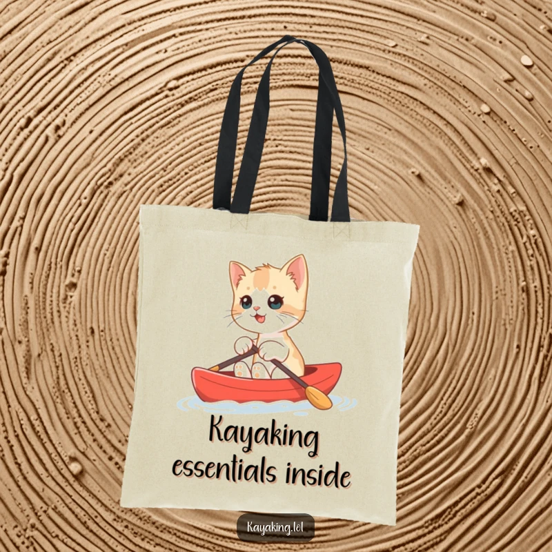 Funny Kitten Kayak Tote Bag showcasing a happy kitten paddling a small red kayak, ideal for stylish, humorous carrying.