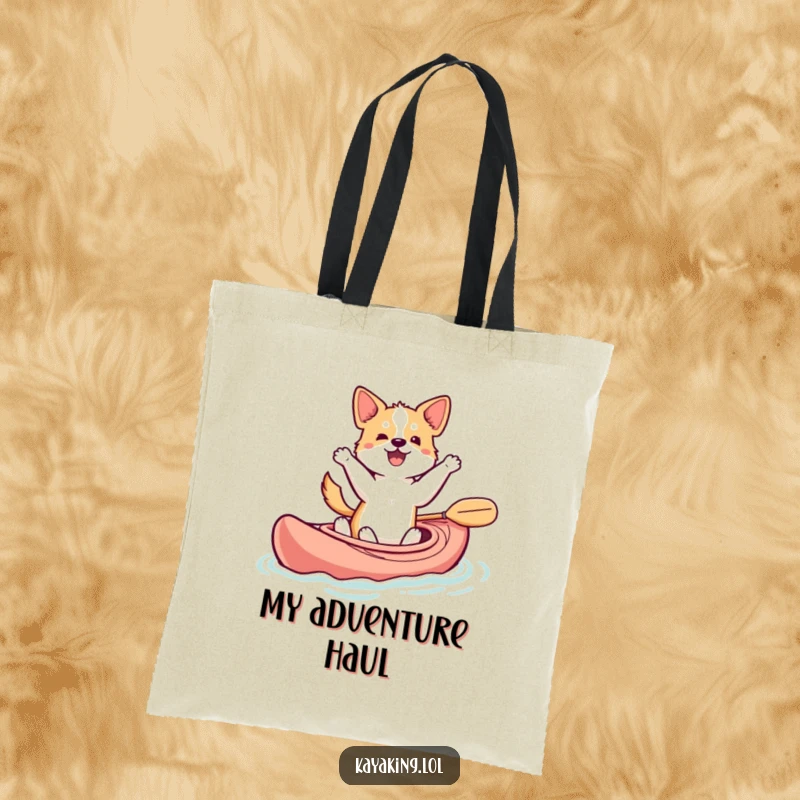 Funny dancing dog tote bag with a happy dog grooving in a kayak, tail wagging, a practical and humorous gift.