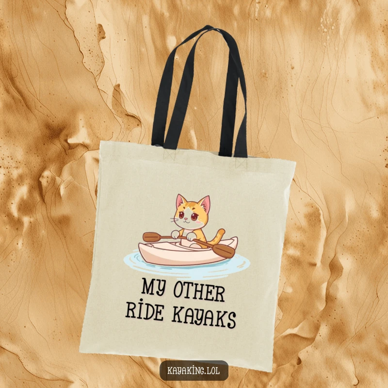 Funny Cat Tote Bag: Curious cat gliding in a kayak on calm water, showcasing a peaceful and humorous design.